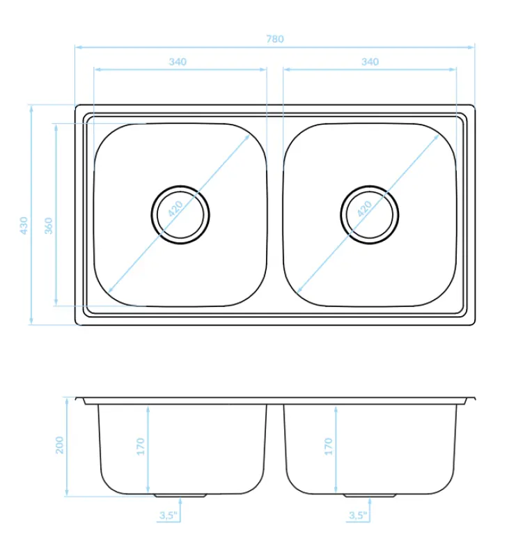 Ausmann Basic kaksinkertainen ruostumattomasta teräksestä valmistettu päälle asennettava pesuallas 78x43 cm, sisältää hajulukon 1208956995