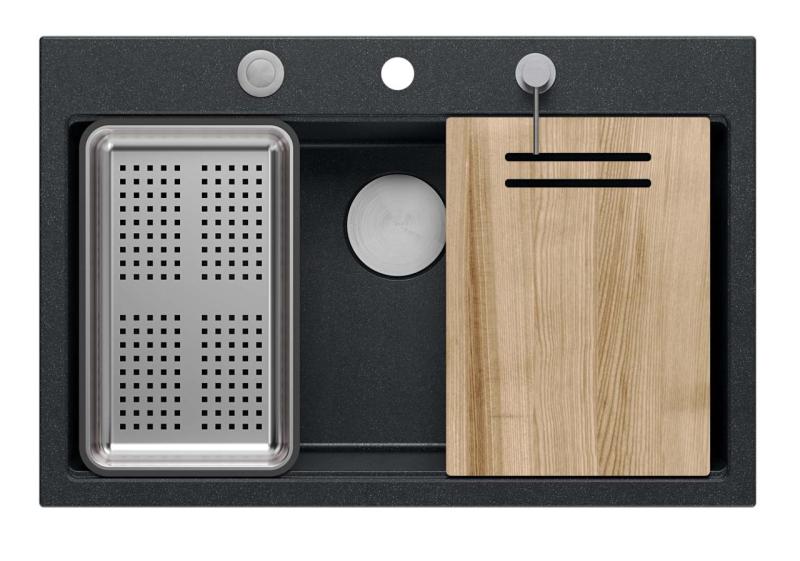 Quadri matt black hard rock granite insetg large sink 76x50cm including accessories 1208957201