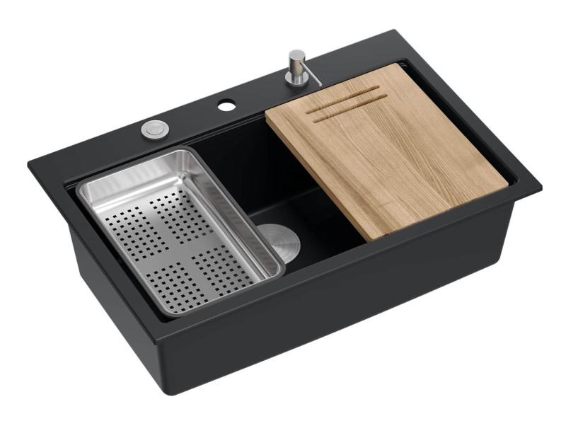 Quadri matt black hard rock granite insetg large sink 76x50cm including accessories 1208957201