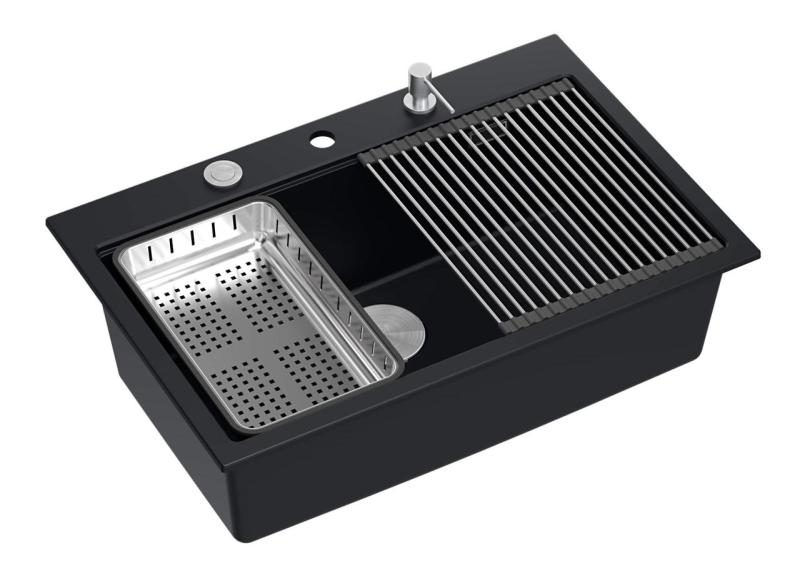 Quadri matt black hard rock granite insetg large sink 76x50cm including accessories 1208957201