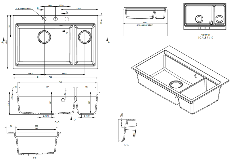 GraniteMy Limited suuri 1,5 graniitti altaan päälle ja alle asennettava musta pesuallas sisältäen tarvikkeet 76x48 cm 1208957389