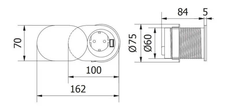 Indux Slide sisäänrakennettu keittiön pistorasia työtasossa, jossa on USB C ja pistorasia, väri ruostumaton teräs 1208957391