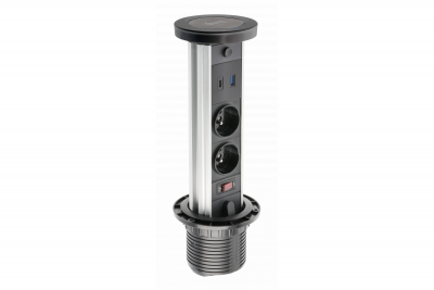 Indux Lift upotettava musta keittiön pistorasia työtasossa valaistuksella, 2 x USB ja langaton lataus 1208957402