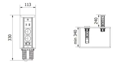 Indux Lift upotettava musta keittiön pistorasia työtasossa valaistuksella, 2 x USB ja langaton lataus 1208957402