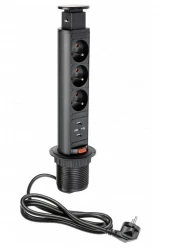 Indux Up & Down pieni upotettava maadoitettu musta keittiön pistorasia työtasossa, jossa on 3 pistorasiaa ja 2 x USB 1208957418