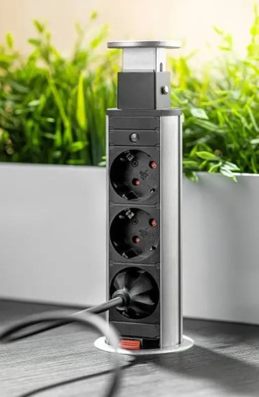 Indux Up & Down small retractable pin earthing black kitchen socket for worktop with 3 outlets and 2 x USB 1208957418