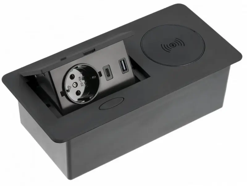 Indux Flip Small earthed kitchen socket for worktop matt black with wireless and 2 USB chargers 1208957427