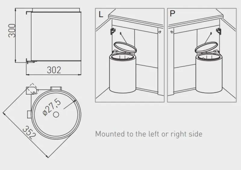 Garbi Round R-40-1 built-in waste bin 11 litres can be positioned on left and right 1208957471