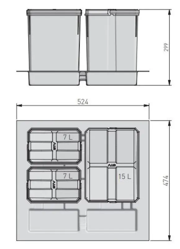 Garbi Basket B-60-3 waste sorting system for drawer 60cm incl. holder and 3 waste bins 1208957473