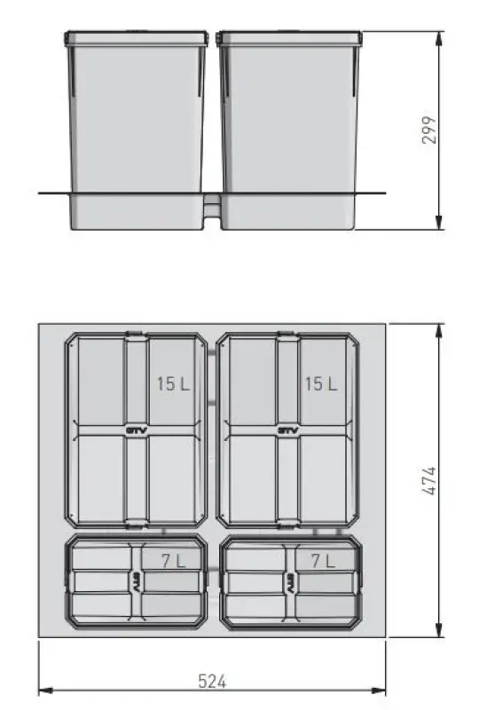 Garbi Basket B-60-4 waste sorting system for drawer 60cm incl. holder and 4 waste bins 1208957475