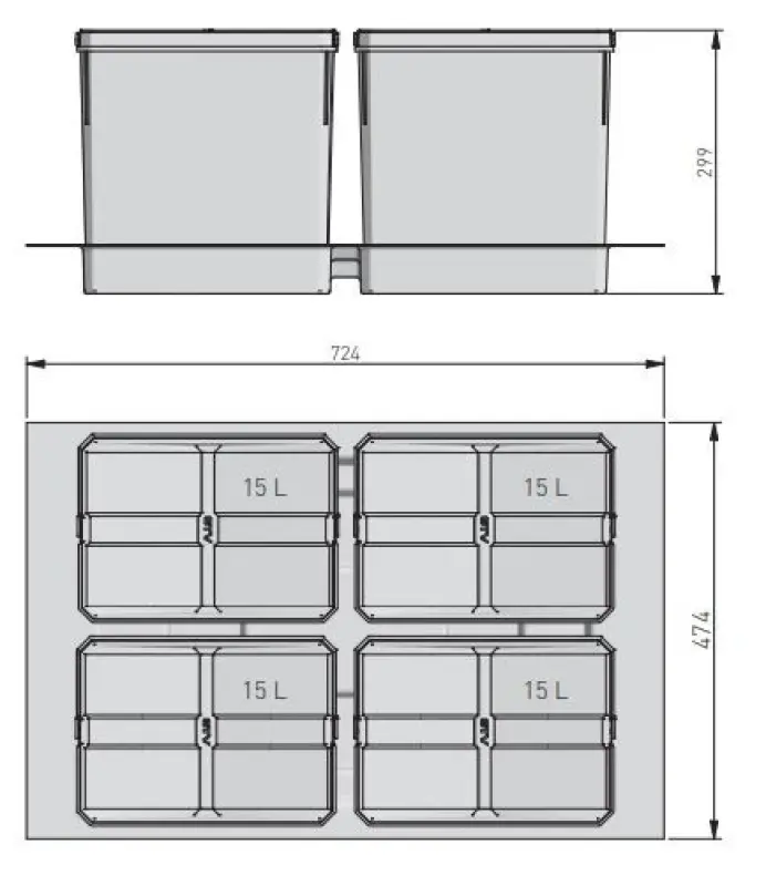 Garbi Basket B-80-4-G waste sorting system for drawer 80cm incl. holder and 4 x 15 litre waste bins 1208957478