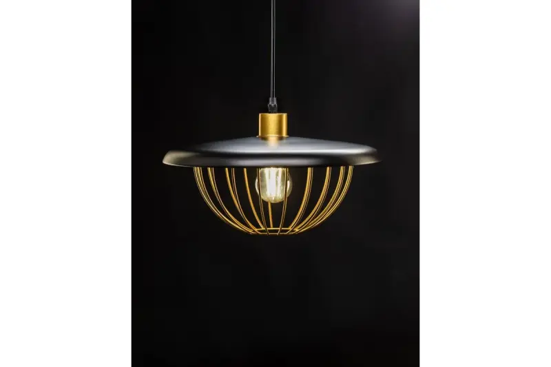 Decor Tulip modern pendant lamp with black metal rim and golden wire cage 3444