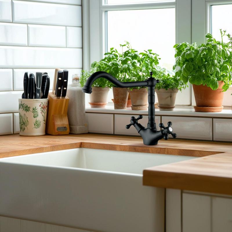 AquaTrimo Windsor nostalgic kitchen tap with angled spout, matt black 21WS7531SW