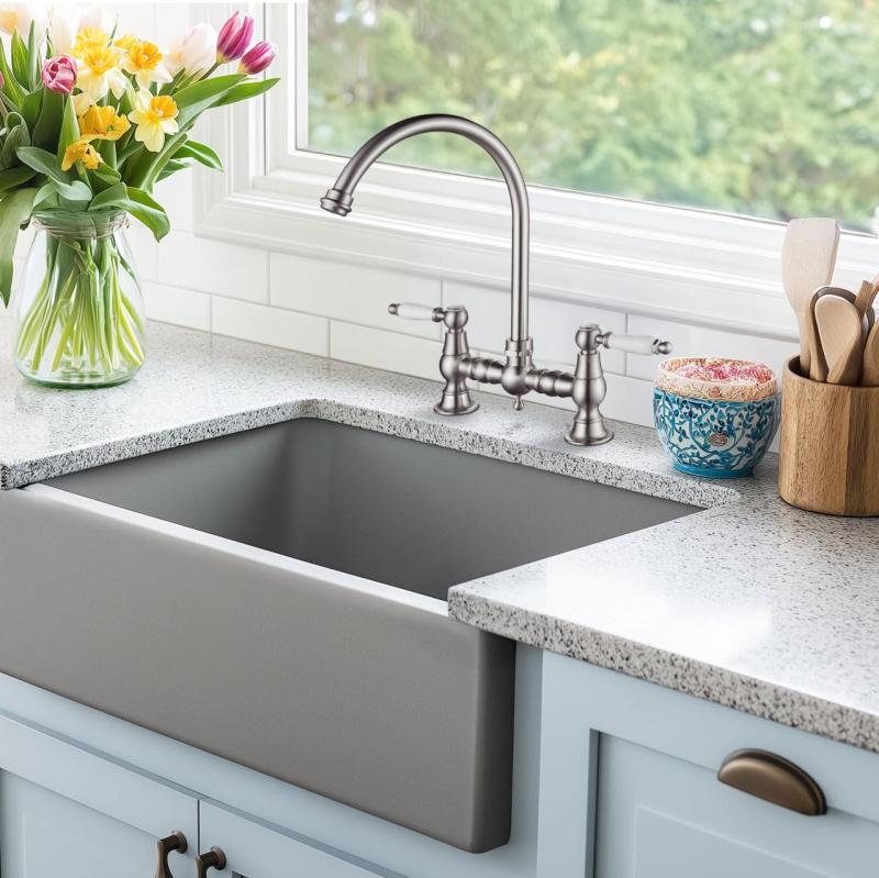 AquaTrimo Country 2-reikäinen klassinen keittiönostalginen sillan keittiöhana pyöreällä kaarella kromi 21CT7655CM