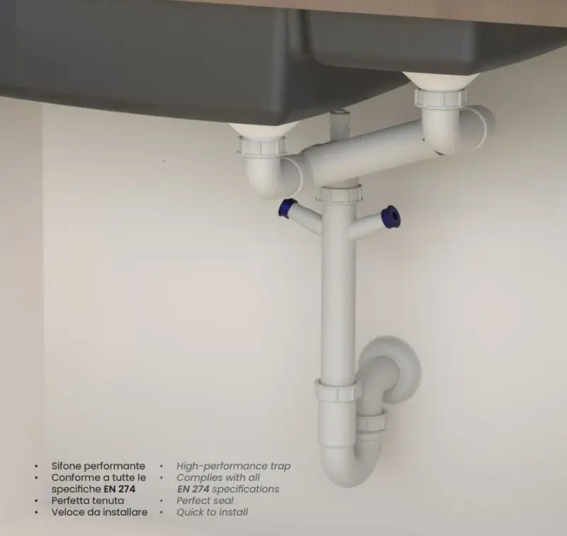 Ausmann double Siphon space-saving sink siphon for the kitchen with air vent and 2 dishwasher connections 1208957662