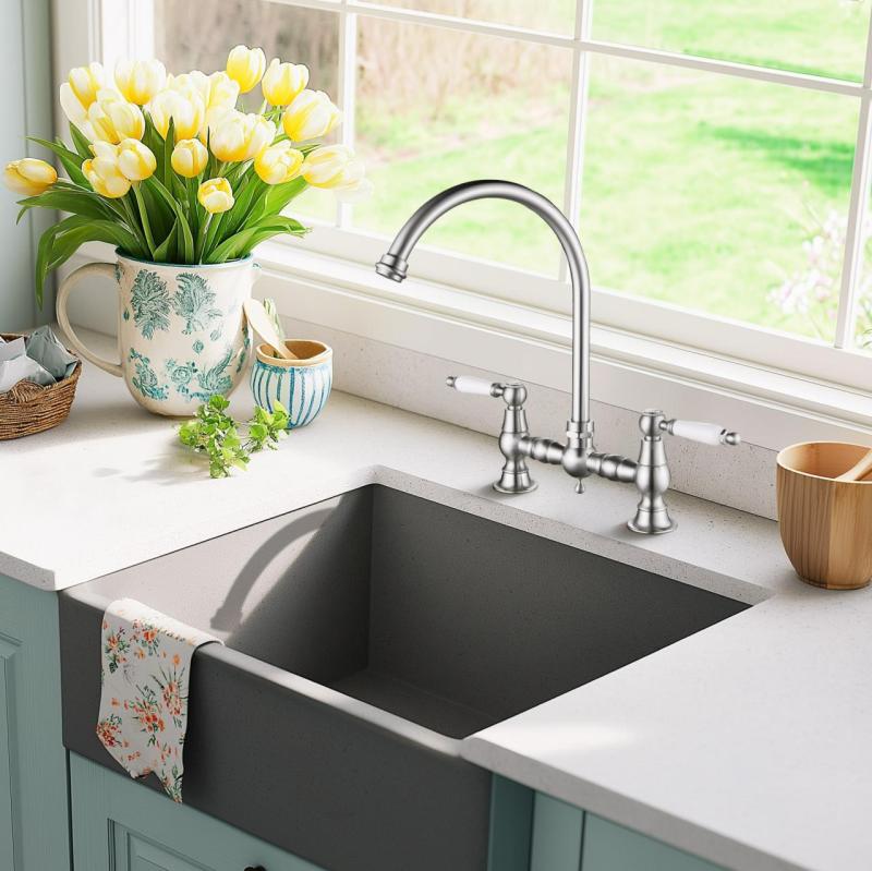 AquaTrimo Country 2-reikäinen klassinen keittiön nostalginen silta keittiöhana pyöreällä kaarella, väri ruostumaton teräs 21CT7655NM