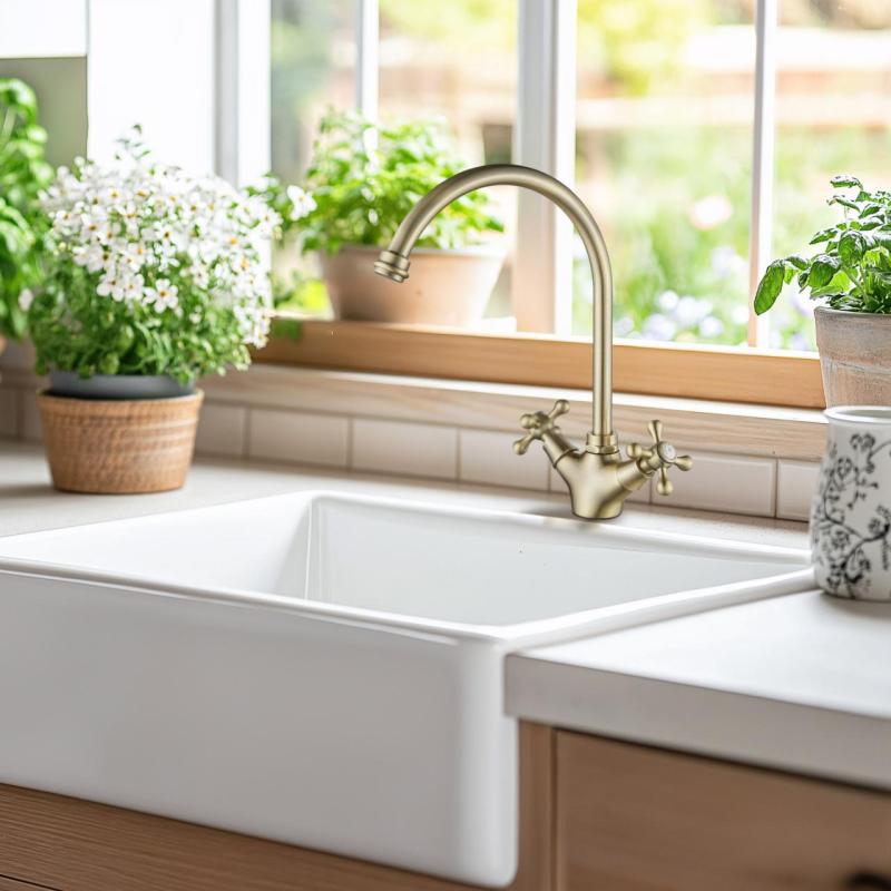 AquaTrimo Windsor klassinen keittiö nostalginen keittiöhana pyöreällä juoksuputkella pronssi 21WS7652BN