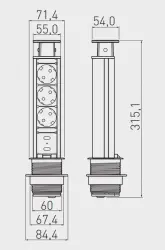 Indux Up & Down pieni upotettava maadoitus hopea keittiön pistorasia työtasossa, jossa on 3 pistorasiaa ja 2 x USB 1208957842