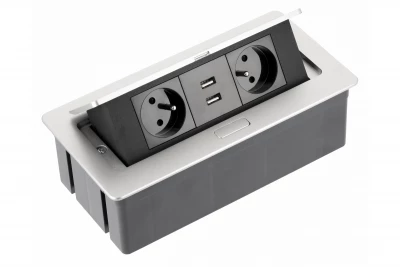 Indux Flip Medium keittiön pistorasia maadoituksella työtasossa tai yläkaapissa alumiinia, 2 pistorasiaa ja 2 USB-laturia 1208957850