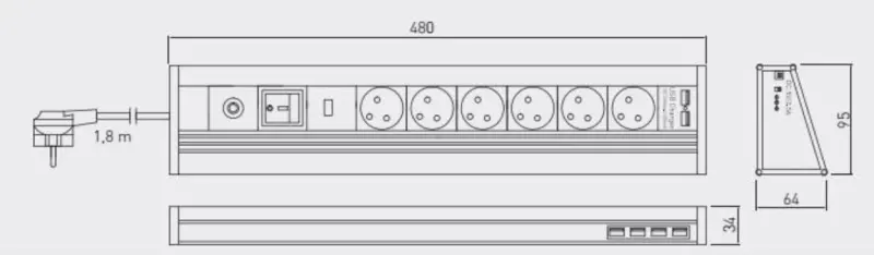 Indux Corner corner and freestanding earthed aluminum socket with 6 outlets and 6 USB 1208957851