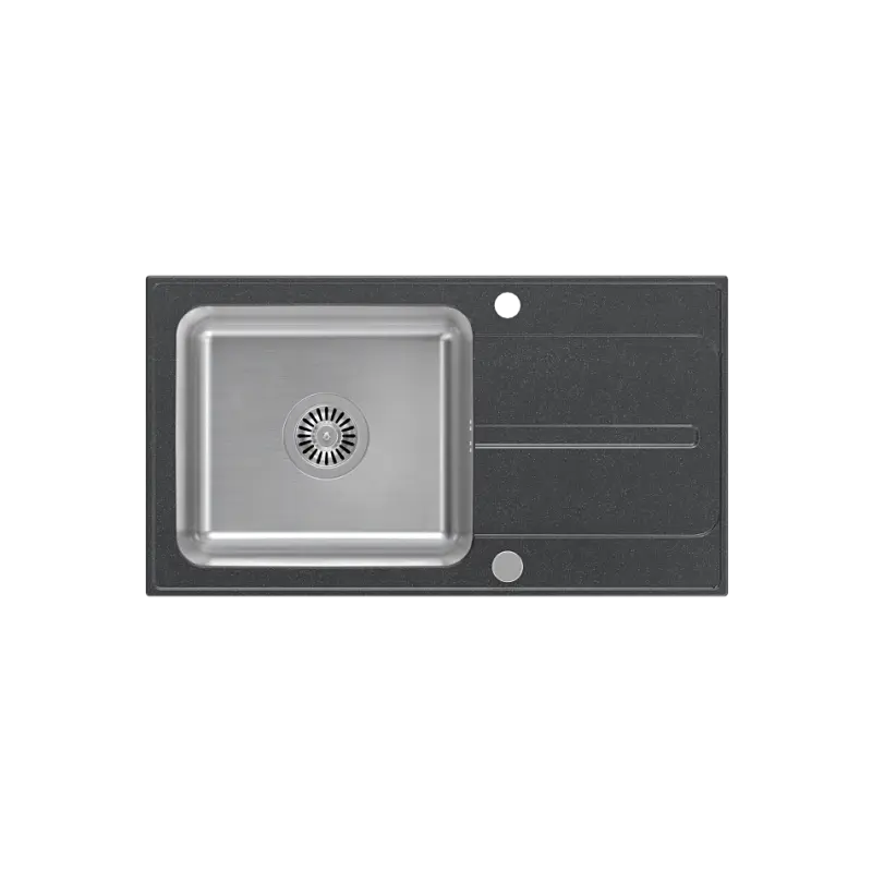 Quadri Fusion asennettava ruostumattomasta teräksestä valmistettu pesuallas mustapilkullisella graniittisella valutusalustalla 78x43 käännettävä 1208957879