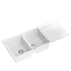 Quadri Luton päälle asennettava kaksinkertainen graniittiallas valkoinen valutustasolla 116x50 cm ruostumattomasta teräksestä valmistetulla tulppalla 1208957882