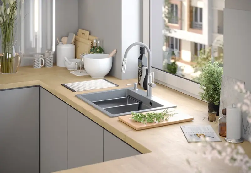 Quadri Durham valkoinen graniitti päälle asennettava pesuallas 595x500 saippua-annostelijalla, leikkuulaudalla, rullamattolla, lisäaltaalla ja rullamattolla 1208957903