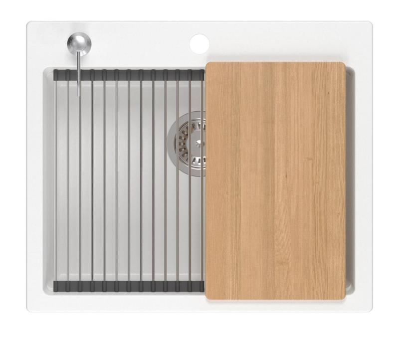 Quadri Durham valkoinen graniitti päälle asennettava pesuallas 595x500 saippua-annostelijalla, leikkuulaudalla, rullamattolla, lisäaltaalla ja rullamattolla 1208957903