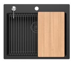 Quadri Durham zwart graniet opbouw spoelbak 595x500 met zeepdispenser, snijplank en rolmat 1208957904 vertalen naar het Fins:

Quadri Durham musta graniitti päälliseen asennettava pesuallas 5