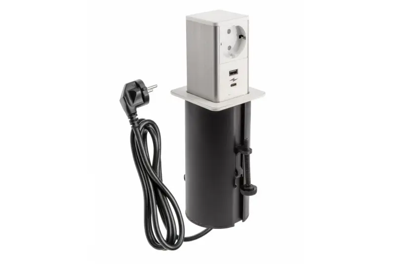 Indux Push extendable white side earthing socket with 1xUSB A and 1xUSB C with stainless steel cover 1208957931