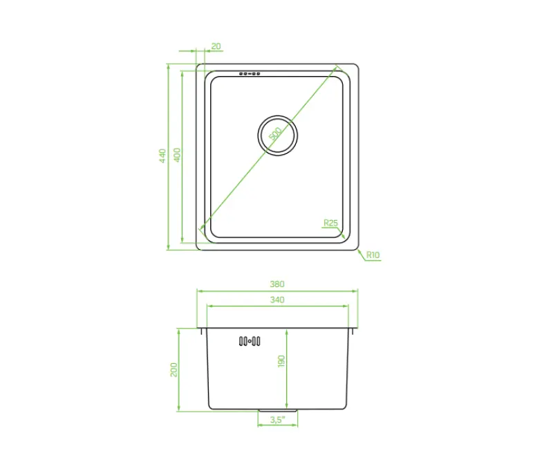 Aquadesign R25 stainless steel sink with handle, undermount and flush-mounted, 34x40cm 1208958201