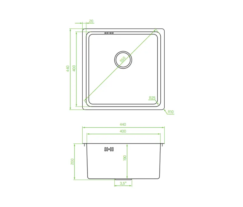 Aquadesign R25 handle top mount, undermount, and flush mount sink stainless steel 40x40cm 1208958206