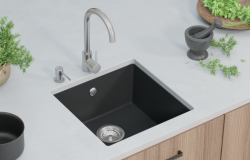 GraniteMy Universele granieten zwarte spoelbak 40x40 cm zwart, voor opbouw, onderbouw en vlakbouw met RVS-plug 1208958318