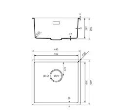 Lorreine BQ -sarjan pesuallas 44x41cm, musta, upotettava, rosteritulppa 40BQ37-FU-INOX