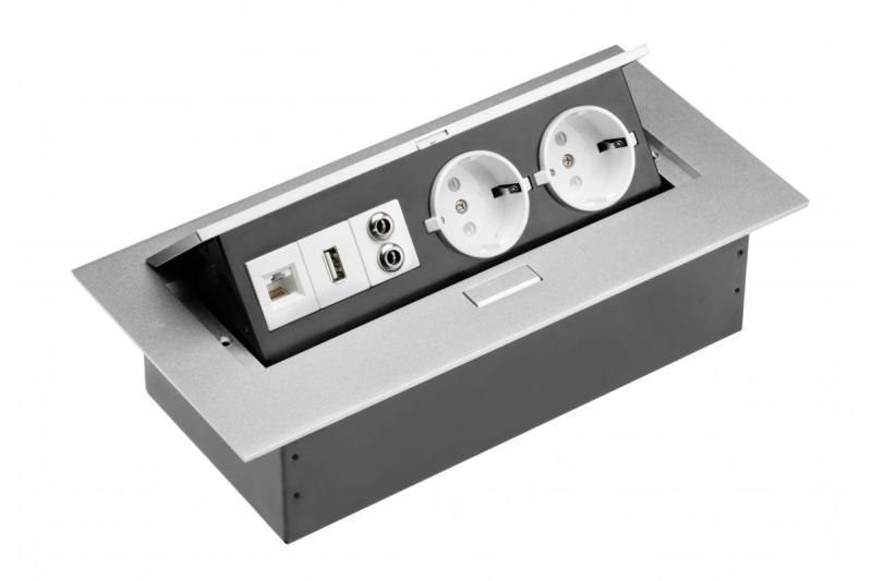 Pöytälaajennuskabel 2x schuko-pistoke, USB-pistoke, audio (banaani), RJ45-pistoke (Ethernet), ilman kaapelia, alumiini 1208958663