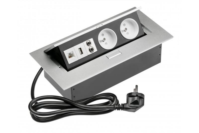 Pöydän jatkojohto 2x pistorasia, maadoitettu, USB, audio (banaani), RJ45, virtajohto pistokkeella, alumiini 1208958677