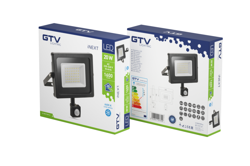 LED-valonheitin iNEXT liiketunnistimella 20 W 1600 lm, PF>0,9, RA>80, IP65, 120°, 6400 K, musta runko 1208962859