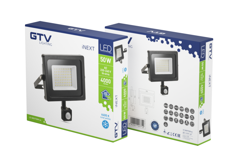 LED-tulvavalo iNEXT liiketunnistimella 50W 4000lm, PF>0,9, RA>80, IP65, 120°, 6400K, musta runko 1208962862