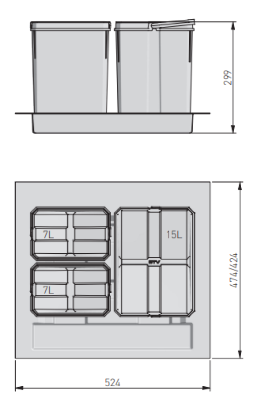 Garbi Basket B-60-3 sorting waste system for 60cm drawer including holder and 3 waste bins 1208964399