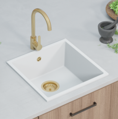 GraniteMy Universele granieten witte spoelbak 40x40 cm wit opbouw, onderbouw en vlakbouw met roestvrijstalen plug 1208966879