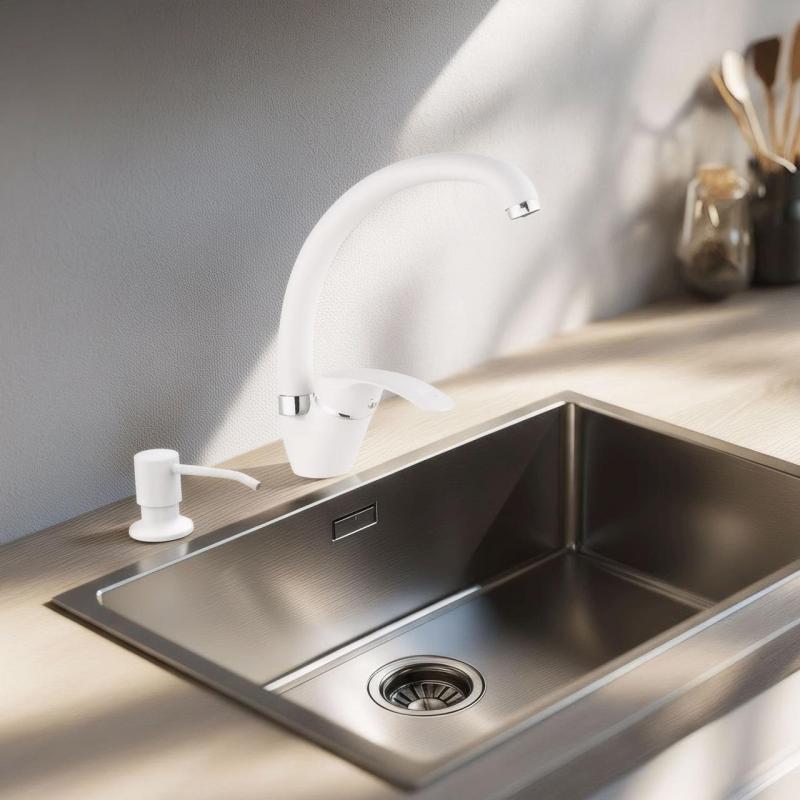 Quadri valkoinen keittiöhana-sarja, jossa on sisäänrakennettu saippua-annostelija ja säädettävä valkoinen astia 1208966928