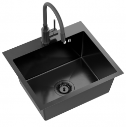 Quadri Dixton 50 -sarja mustalla Nano PVD-ruostumattomasta teräksestä valmistetulla pesualtaalla 500x450 mm, jossa on hanareikä, sekä Bristol-musta keittiöhana