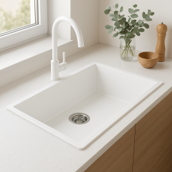 GraniteMy Universele grote witte granieten spoelbak 74x40 cm wit, geschikt voor opbouw, onderbouw en vlakbouw, met roestvrijstalen plug 1208967111