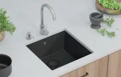 GraniteMy Universele granieten zwarte gootsteen 40x40 cm zwart opbouw, onderbouw en vlakbouw met zwarte plug 1208967112