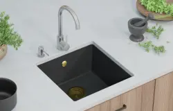 GraniteMy Universele granieten zwarte spoelbak 40x40 cm zwart opbouw onderbouw en vlakbouw met gouden plug 1208967113