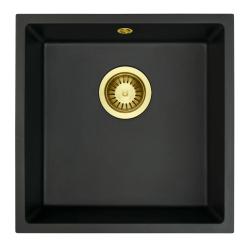 GraniteMy Universele granieten zwarte spoelbak 40x40 cm zwart opbouw onderbouw en vlakbouw met gouden plug 1208967113