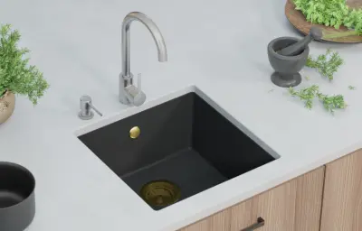 GraniteMy Universele granieten zwarte spoelbak 40x40 cm zwart opbouw onderbouw en vlakbouw met gouden plug 1208967113
