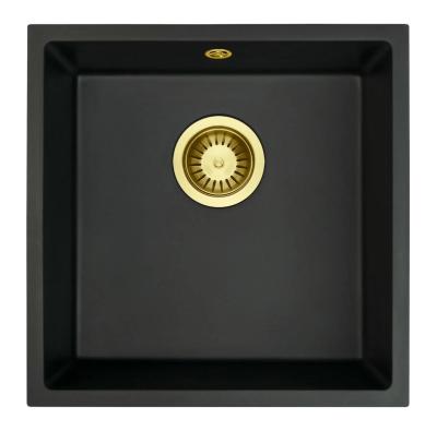 GraniteMy Universele granieten zwarte spoelbak 40x40 cm zwart opbouw onderbouw en vlakbouw met gouden plug 1208967113