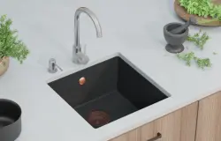 GraniteMy Universele granieten zwarte spoelbak 40x40 cm zwart opbouw onderbouw en vlakbouw met koperen plug 1208967114