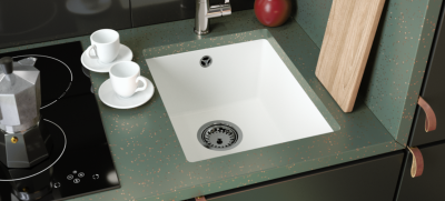 GraniteMy Universele granieten witte gootsteen 34x40 cm wit, opbouw, onderbouw en vlakbouw met koperen plug 1208967148